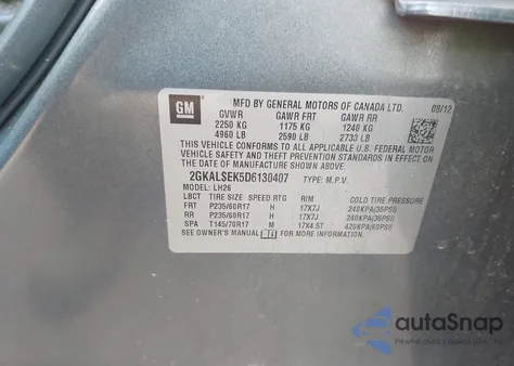 2013 GMC Terrain Sle-2 из США, поврежденный, VIN 2GKALSEK5D6130407